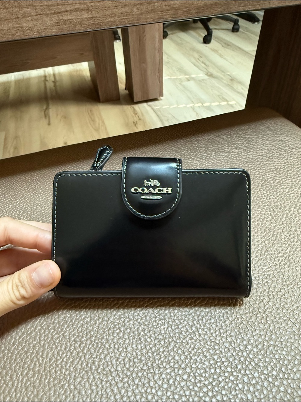 COACH Black Leather Small Zip Wallet with Logo Snap
